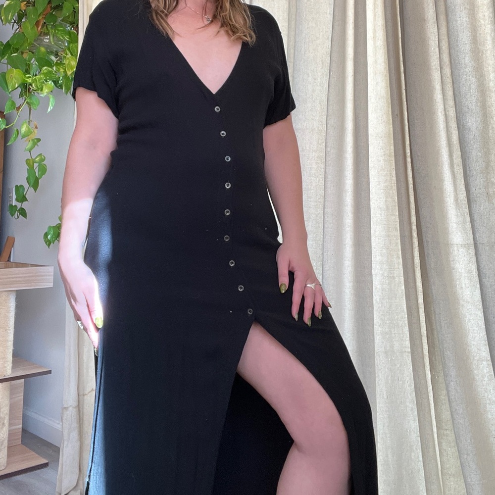 Black Cococo Body Con Button Down Dress - low cut with slit black linen eco